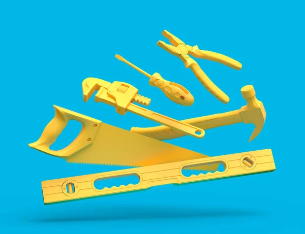 Flying View Yellow Construction Tools Repair Installation Blue Background Rendering — Stock Photo, Image