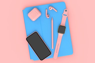 Stylus 'lu bilgisayar tabletinin üst görüntüsü, akıllı saat, telefon ve kulaklıklar pembe arka planda izole edilmiş. Yaratıcı tasarım ekipmanı ve kompakt çalışma alanı üç boyutlu oluşturma kavramı