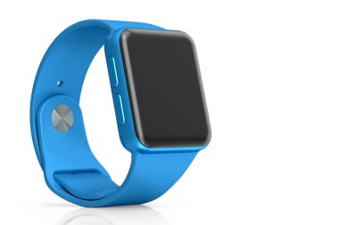 Beyaz arka planda mavi kayışı olan paslanmaz gümüş akıllı saat. Giyilebilir aygıt sağlığı ve fitness izleyicisi için 3B yorumlama kavramı