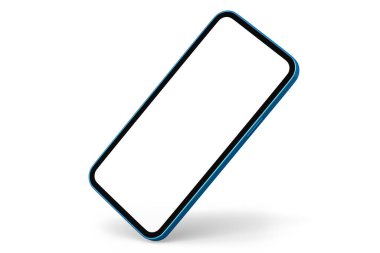 Beyaz arka planda beyaz ekran izole edilmiş gerçekçi mavi akıllı telefon. Sunum için telefon şablonunun 3B görüntülenmesi ve küçük çalışma alanı aracı
