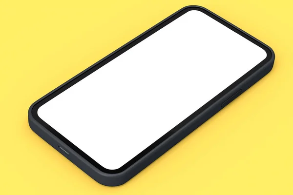 现实的黑色智能手机 空白白色屏幕隔离在黄色背景 用于演示的电话模板的三维绘制和紧凑工作空间的工具 — 图库照片