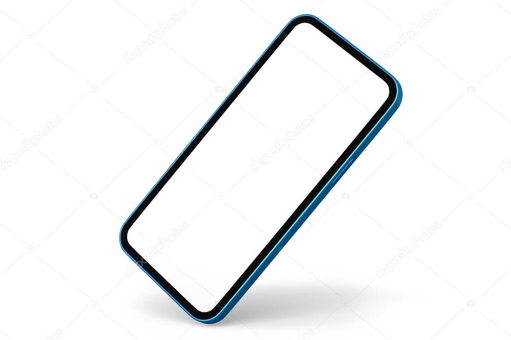 Realistic blue smartphone with blank white screen isolated on white background. 3D rendering of phone template for presentation and tool for compact workspace