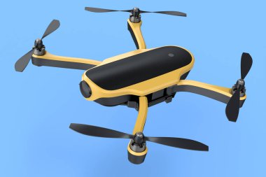 Uçan fotoğraf ve video sarı drone ya da kuadkopter mavi arka planda izole edilmiş kamera ile. Dağıtım veya hava fotoğrafçılığı için aygıtın 3B görüntülemesi