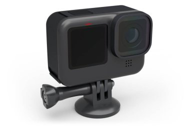 Beyaz arkaplanlı fotoğraf ve video hafif siyah aksiyon kamerası. Sporcular ve seyahatçiler için profesyonel fotoğrafçılık ekipmanlarının 3B yorumlanması