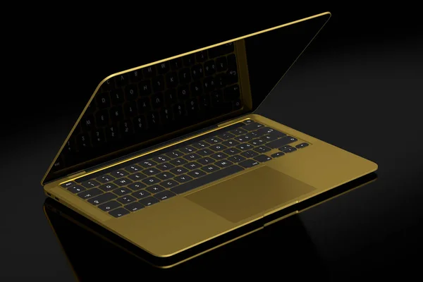 黒の背景に隔離された空の白い画面表示と現実的な金のアルミニウムラップトップ 自宅スタジオのワークスペースのためのオープンポータブルコンピュータの3Dレンダリング — ストック写真