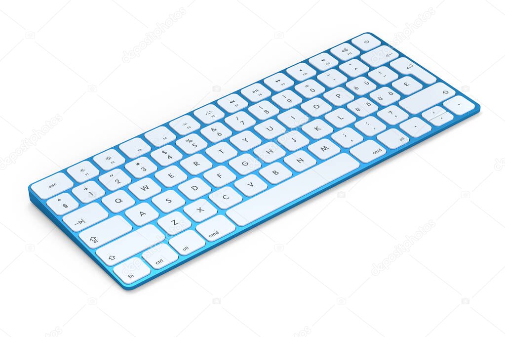 Modern blue aluminum computer keyboard isolated on white background. 3D rendering of gear for home office and workspace