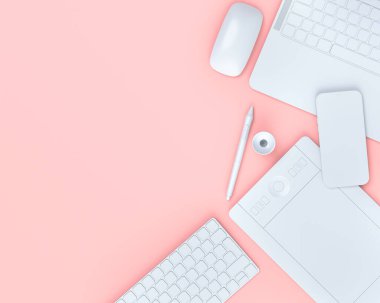 Tasarımcı çalışma alanının üst görüntüsü ve dizüstü bilgisayar, tablet, klavye ve telefon gibi teçhizatlar siyah masa arkasında. Çizim, çizim ve illüstratör veya fotoğraf araçları için aksesuarların 3d görüntülenmesi