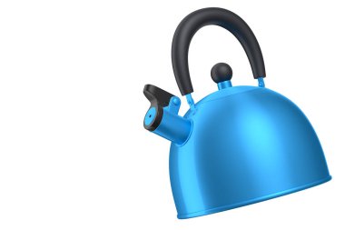 Beyaz arka planda ıslık çalan paslanmaz çelik soba ısıtıcısı. Ev yapımı mutfak aletleri ve çaydanlık gibi aletler