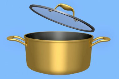 Paslanmaz çelik güveç ve mavi arka planda krom kaplama alüminyum tencere. Yapışmayan mutfak gereçlerinin 3D görüntüsü