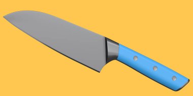 Şefin mutfak bıçağı, turuncu arka planda izole edilmiş ahşap saplı. 3 boyutlu Santoku bıçağı ya da profesyonel mutfak gereçleri.