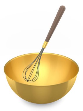 Beyaz arka planda izole edilmiş hamur hazırlamak için çırpılmış metal kase. Aşçılık, harmanlama ve karıştırma için 3D pişirme süreci adım adım ve aksesuarları