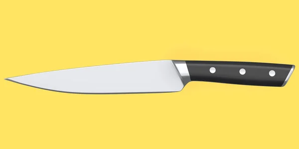 黄色の背景に木製のハンドルを持つシェフのキッチンナイフ 肉屋のナイフやプロの台所用品の3Dレンダリング — ストック写真