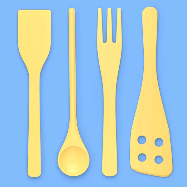 Ξύλινα Σκεύη Κουζίνας Εργαλεία Και Εξοπλισμός Μπλε Φόντο Καθιστούν Εργαλεία — Φωτογραφία Αρχείου