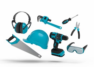 Beyaz arka planda onarım ve kurulum için yeşil inşaat araçlarının uçuş görüntüsü. Tesisatçı ya da tamirci için 3D tasvir ve hizmet afişi