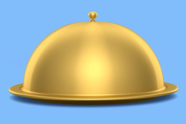 Mavi arka planda izole edilmiş altın tepside saat servis etmeye hazır.