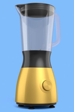 Sağlıklı meyve püresi yapmak için elektrikli blender mavi arka planda izole edilmiş