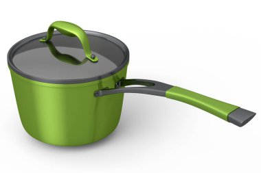 Paslanmaz çelik güveç ve beyaz arka planda krom kaplama alüminyum tencere. Yapışmayan mutfak gereçlerinin 3D görüntüsü