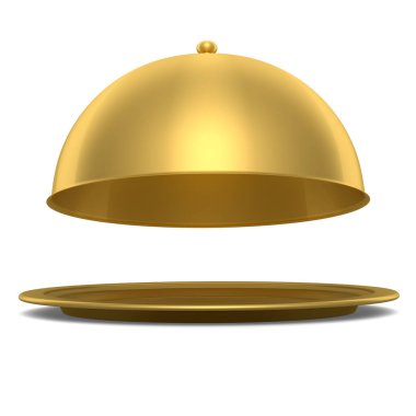 Beyaz arka planda izole edilmiş altın tepside saat servis etmeye hazır. 3D servis, restoran, horeca ve birinci sınıf servis kavramı