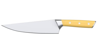 Şefin mutfak bıçağı beyaz arka planda izole edilmiş ahşap saplı. 3 boyutlu kasap bıçağı ya da profesyonel mutfak aletleri.