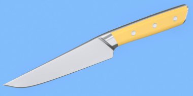 Şefin mutfak bıçağı beyaz arka planda izole edilmiş ahşap saplı. 3 boyutlu kasap bıçağı ya da profesyonel mutfak aletleri.