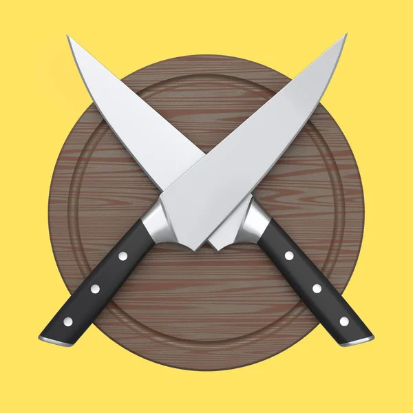 黄色の背景に隔離された板の上のシェフのキッチンナイフ 肉屋のナイフやプロの台所用品の3Dレンダリング — ストック写真