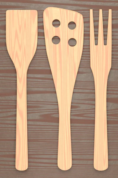 木製のキッチン用品 ツールや木製の背景に機器 家庭用キッチンツールや調理用アクセサリーの3Dレンダリング — ストック写真