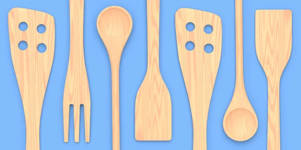 Wooden Kitchen Utensils Tools Equipment Blue Background Render Home Kitchen — Stock Photo, Image