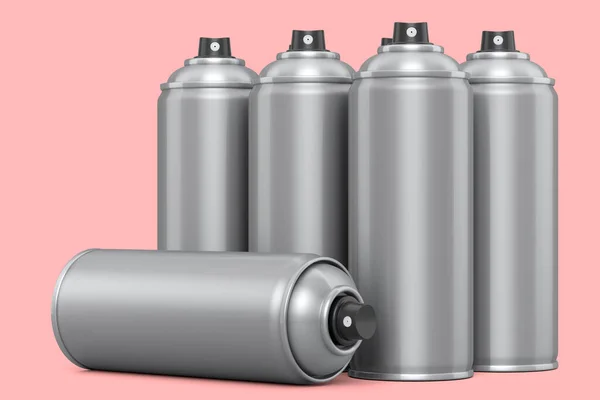 Set of spray paint cans isolated on pink background. Spray bottle and dispenser — 스톡 사진