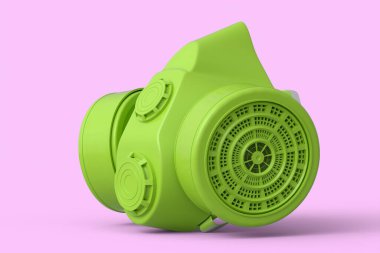 Pembe monokrom arka planda gaz maskesi. Profesyonel kullanım kimyasal, boya veya restorasyon için solunum cihazının 3D görüntülenmesi ve çizimi.