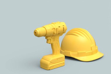 Kablosuz matkap seti veya gri arka planda kalın başlı tornavida seti