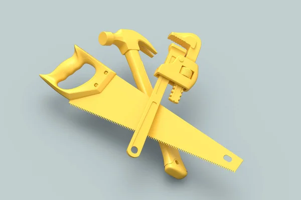 Flying View Yellow Construction Tools Repair Installation Grey Background Rendering — 스톡 사진