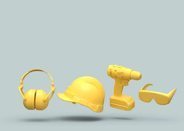 Vue aérienne des outils de construction jaunes pour réparation sur fond gris — Photo