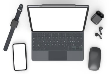 Beyaz arka planda klavyesi, faresi, akıllı seğirmesi, telefonu ve kulaklığı olan alüminyum dizüstü bilgisayarın üst görüntüsü. Yaratıcı tasarım ekipmanı ve kompakt ev çalışma alanı konsepti