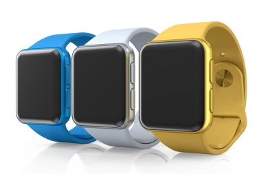 Beyaz arka planda siyah kayışı olan gümüş akıllı saatler. Giyilebilir aygıt sağlığı ve fitness izleyicisi için 3B yorumlama kavramı