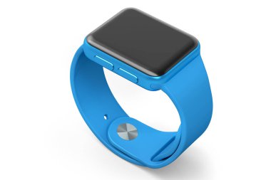 Beyaz arka planda mavi kayışı olan paslanmaz gümüş akıllı saat. Giyilebilir aygıt sağlığı ve fitness izleyicisi için 3B yorumlama kavramı