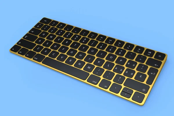 現代の金アルミコンピュータのキーボードは青の背景に隔離された ホームオフィスやワークスペースのためのギアの3Dレンダリング — ストック写真