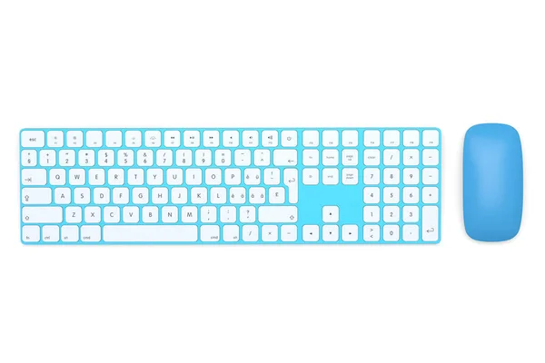 白の背景に隔離された数字とマウスと現代の青のアルミコンピュータのキーボード ホームオフィスやワークスペースのためのギアの3Dレンダリング — ストック写真