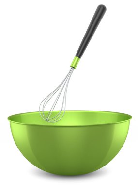 Beyaz arka planda izole edilmiş hamur hazırlamak için çırpılmış metal kase..