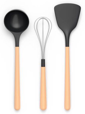 Silikon mutfak aletleri çırpı, kaşık ve beyaz arka planda katı çevirici gibi.
