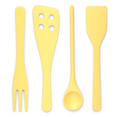 Ahşap mutfak aletleri, beyaz arka planda aletler ve ekipmanlar.