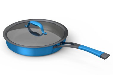 Frying pan with glass lid on white background, non-stick kitchen utensils