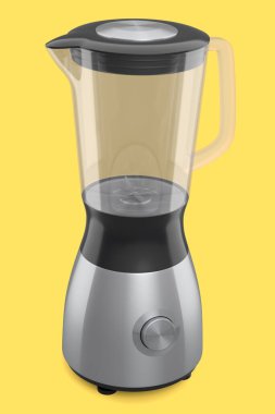 Sarı zemin üzerinde izole edilmiş sağlıklı meyve suyu yapmak için elektrikli blender