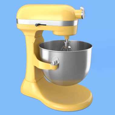 Mavi arka planda pişirmek için modern mutfak mikseri. Yemek pişirme, karıştırma ve karıştırma için ev mutfak aletleri ve aksesuarları 3D hazırlama