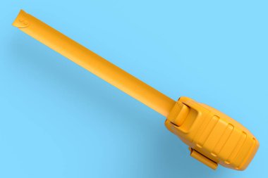 Sarı marangoz, mavi tek renkli arka planda izole edilmiş ve imparatorluk birimleri ölçeğinde. Tamir ve inşa etmek için kullanılan aracın 3d görüntülenmesi ve çizimi