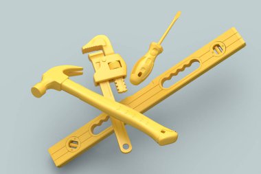 Gri arka planda onarım ve kurulum için sarı inşaat araçlarının uçuş görüntüsü. Tesisatçı ya da tamirci için 3D tasvir ve hizmet afişi