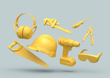 Gri arka planda onarım ve kurulum için sarı inşaat araçlarının uçuş görüntüsü. Tesisatçı ya da tamirci için 3D tasvir ve hizmet afişi