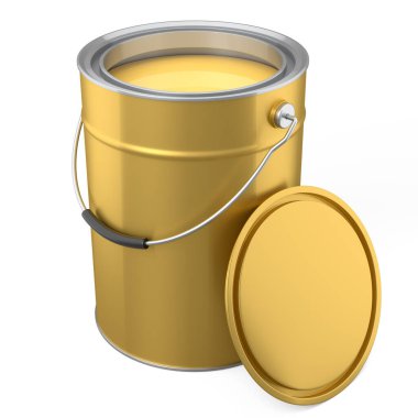 Açık metal kutu ya da beyaz arka planda tutacağı olan boya kovaları. 3D yenileme konsepti ve iç tasarım