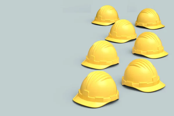 Set of yellow safety helmets or hard caps isolated on grey background. 3d render and illustration of headgear