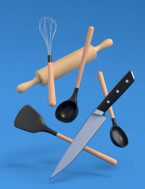 Ahşap mutfak aletleri, araçlar ve ekipmanlar mavi arka planda.