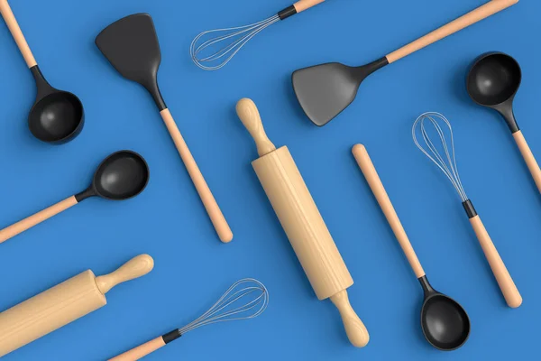 Wooden kitchen utensils, tools and equipment on blue background. — Stock Fotó